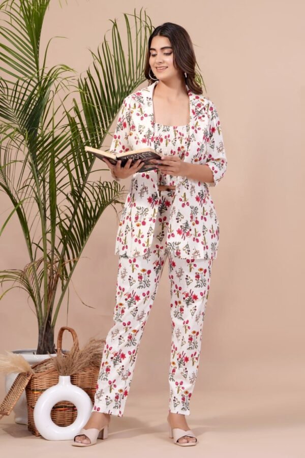 White Floral Print 3 Piece Co-ord set
