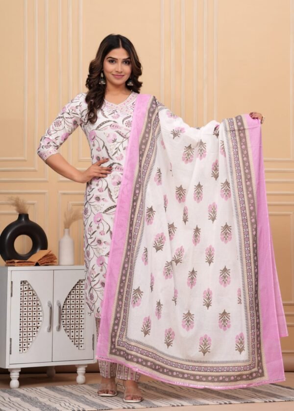 White Pink Floral Kurta Set