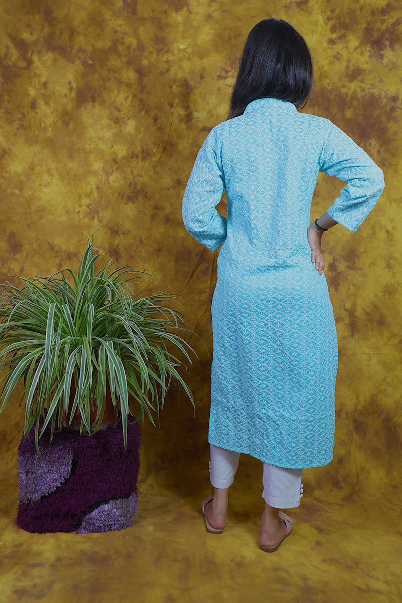Blue Chikankari Kurti Set back