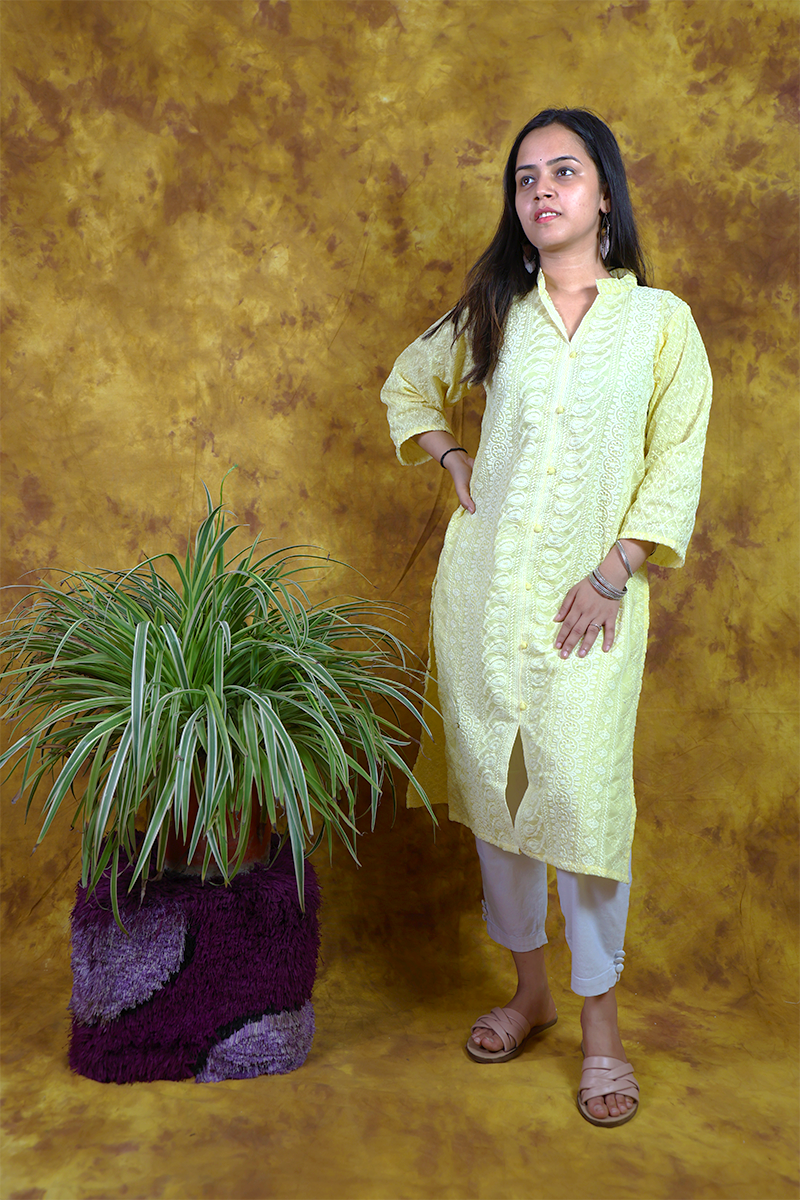 Lemon Yellow Chikankari Kurti Set 1