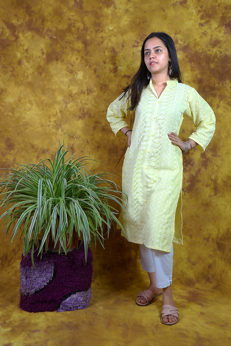 Lemon Yellow Chikankari Kurti Set 2