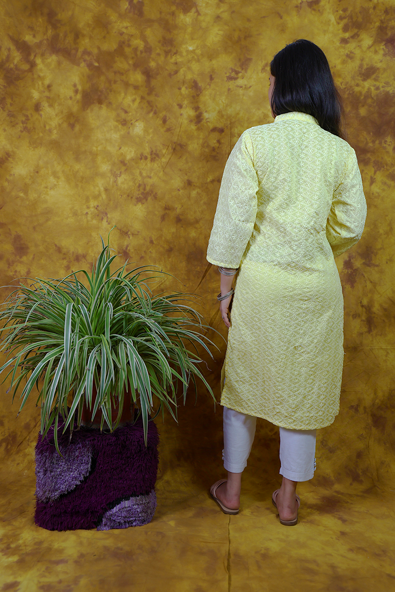Lemon Yellow Chikankari Kurti Set back
