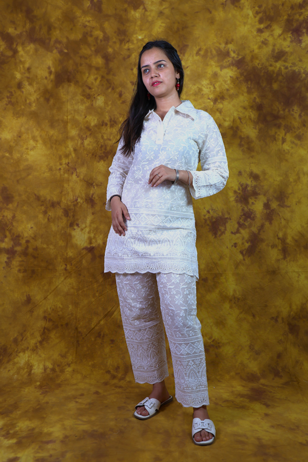 White Chikankari Co-ord Set