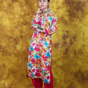 White and Red Floral Print Patiala