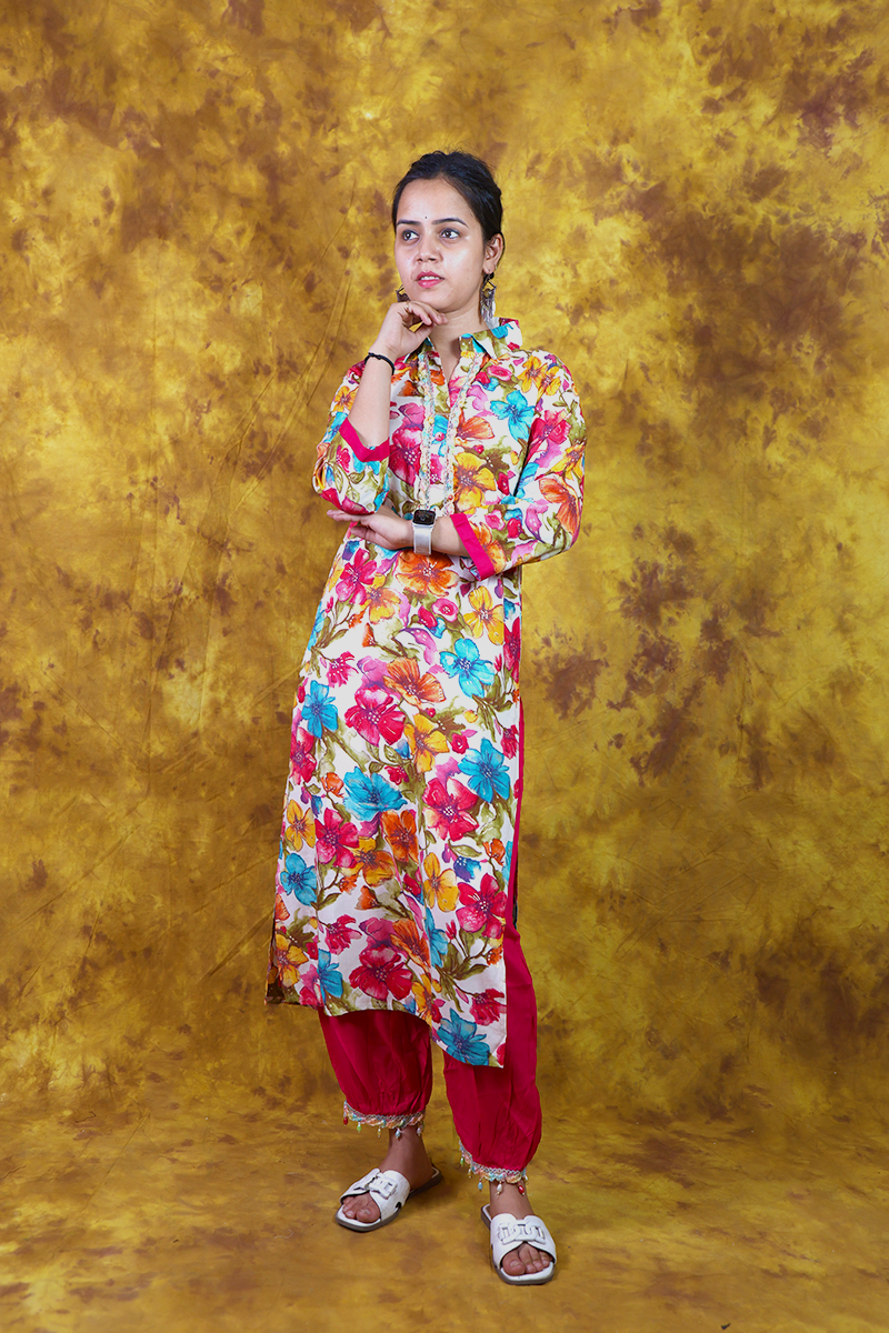 White and Red Floral Print Patiala Set 2