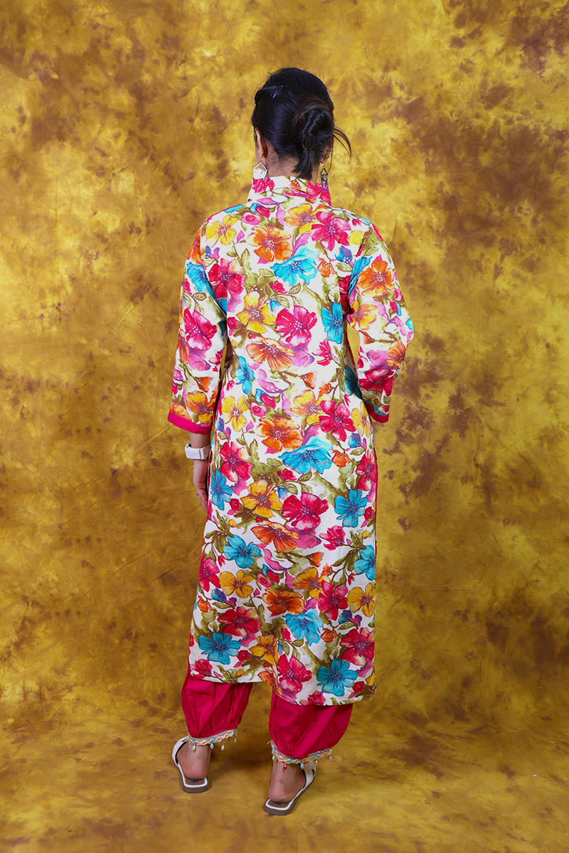 White and Red Floral Print Patiala Set Back