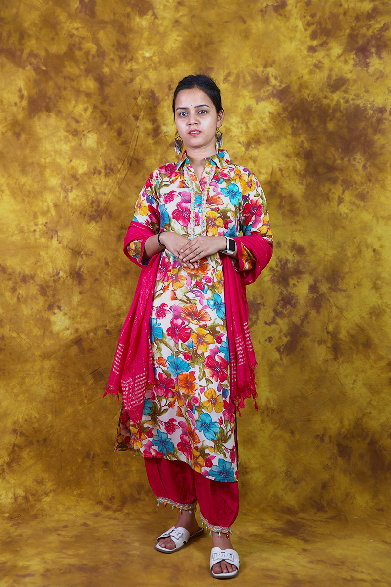White and Red Floral Print Patiala Set